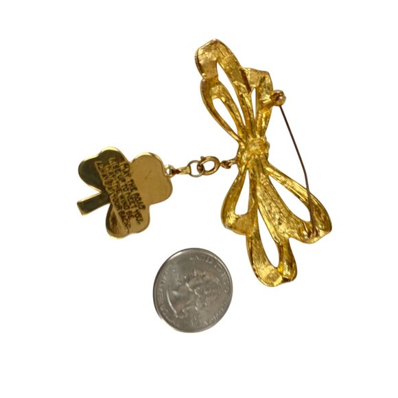 Phister Gold-Tone Bow Brooch With Dangling Green Enamel Clover Celtic Cross Char - Picture 6 of 8